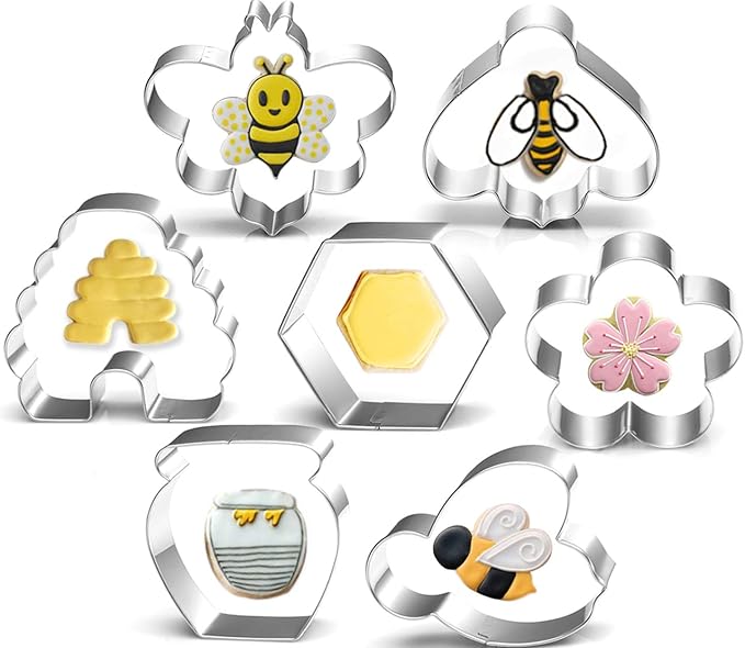 Bee Cookie Cutters Set - 3 Inches - 7 Piece - Beehive, Flower, Honeycomb and Honey Jar Stainless Steel Biscuit Molds for Honey Bee Party Decoration Favor