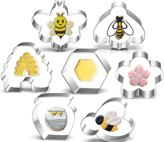 Bee Cookie Cutters Set - 3 Inches - 7 Piece - Beehive, Flower, Honeycomb and Honey Jar Stainless Steel Biscuit Molds for Honey Bee Party Decoration Favor