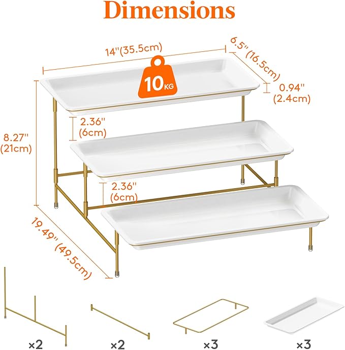 Lifewit 3 Tier Serving Tray for Party, 36 x 17 cm/14 x 6.5 Plastic Serving Platters, White Tiered Tray Stand with Gold Collapsible Metal Stand, Decorative Dessert Table Display Set for Buffet