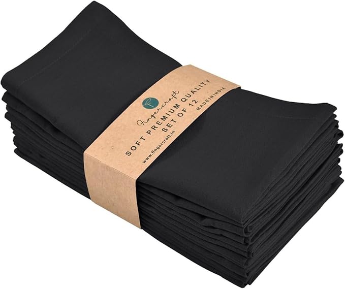 FINGERCRAFT Cloth Napkins, Cotton Linen Mitered Corner Soft Durable Washable Eco-Friendly Napkins Cloth 12 Pack, 18x18 inch Premium Quality for Home Hotel Parties Christmas Wedding Dinner Black
