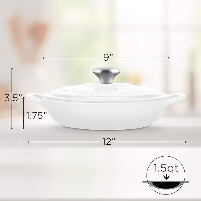 ROSSALLINI Signature Enameled Cast Iron Braiser, Non-Stick Serving Pot with Tight Fitting Lid for Perfect Roasting, Baking, Sauteing, Searing, and Pan Frying | 1.5Q (1.4L) - White
