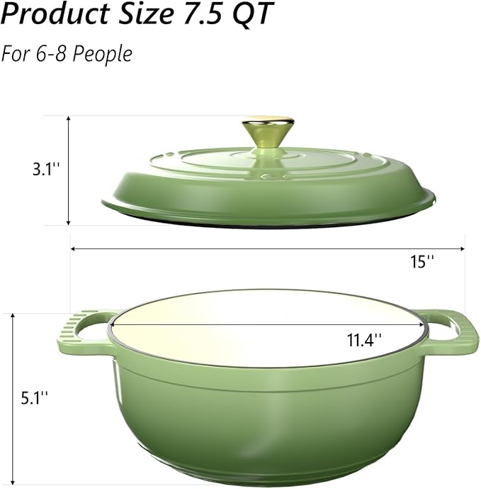 VINGLI 7.5QT Enameled Cast Iron Round Dutch Oven Pot with Lid, NonStick Casserole Pot with Dual Handles & Silicone GlovesRed, Oven Safe up to 500°F or on Stovetop, Dutch Oven for Bread Baking, Green