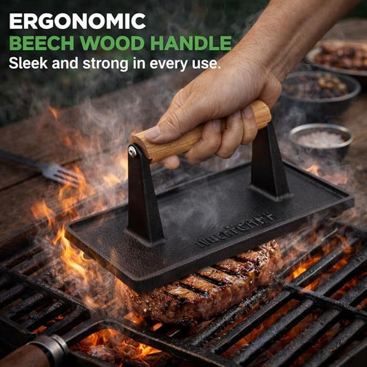 NutriChef Cast Iron Weight Grill Press – Heavy-Duty Griddle Press with Wooden Handle for Steak, Burgers, Bacon & Sandwiches, Creates Perfect Grill Marks