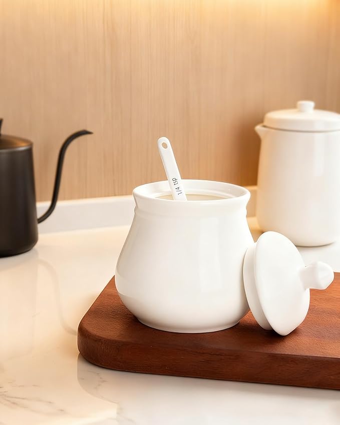 Ceramic Sugar Bowl with Lid and Spoon, 11Oz Sugar Container for Coffee Bar, Sugar Jar/Dispenser, White