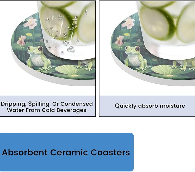 Lotus Leaves Frogs Round Coasters Set of 2, Absorbent Ceramic Coaster with Cork Base, Bar Coasters for Drinks Coffee Mugs Tea Cups Wine Glasses Home Decor Gifts (4 inches Diameter)