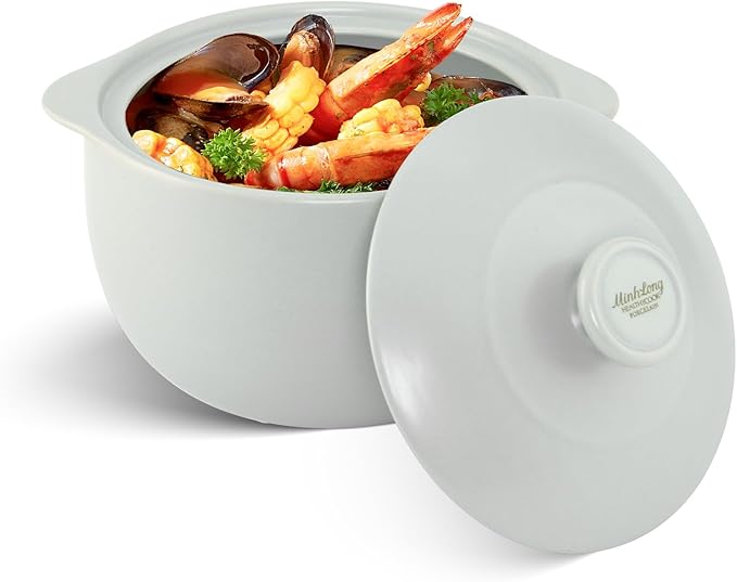 MINH LONG 2-Qt Porcelain Dutch Oven with Lid – Lead & Cadmium Free, Oven Safe to 482°F, Heat Retention, Clay Pot for Cooking on Gas & Infrared Cooktop, Use to Marinate, Cook, Bake, Refrigerate & Serve