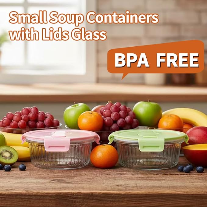 Small Round Glass Food Storage Containers with Lids, 1.5 Cup Round Food Containers set BPA-Free, 12oz Glass Lunch Bowls for Soup Leftover, Microwave, Dishwasher and Freezer Safe (4pack)