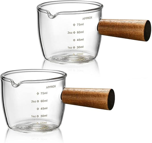 Mwellewm Single Spout Espresso Coffee Shot Glass with Wood Handle Measuring Cup Triple Pitcher Milk Cup Coffee Replacement Carafe for Barista Coffee Carafe Milk Espresso Making, 75 ml (2 Pieces)