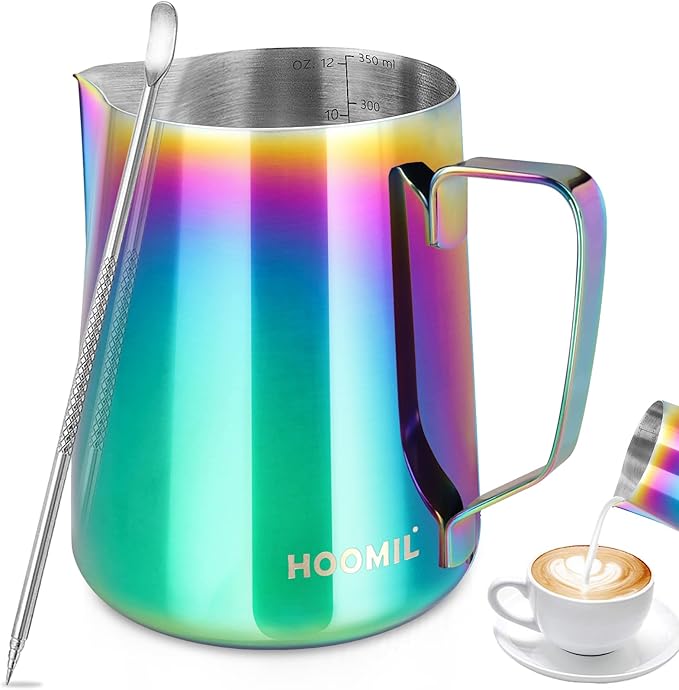 HOOMIL Milk Frothing Pitcher, 12oz/20oz/32oz Stainless Steel Steaming Pitcher Barista Milk Frother Cup Jug for Espresso Machine Coffee Cappuccino Latte Art - 12oz, Rainbow
