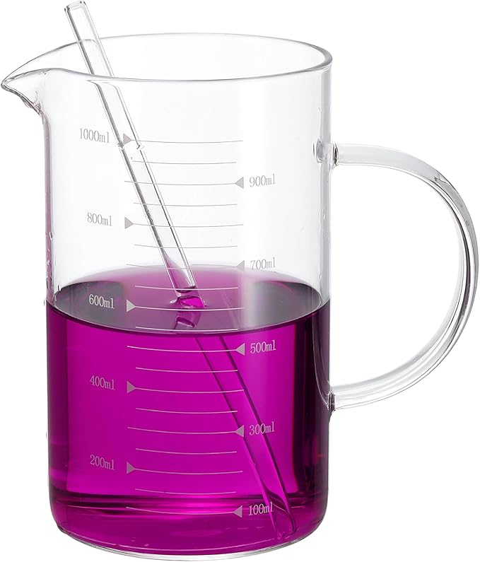 PATIKIL 1000ml Glass Measuring Cup, Borosilicate Glass Beaker Graduated Liquid Measure Cups with Straw V-Shaped Spout for Kitchen Drinking Restaurant, White Printed Scale