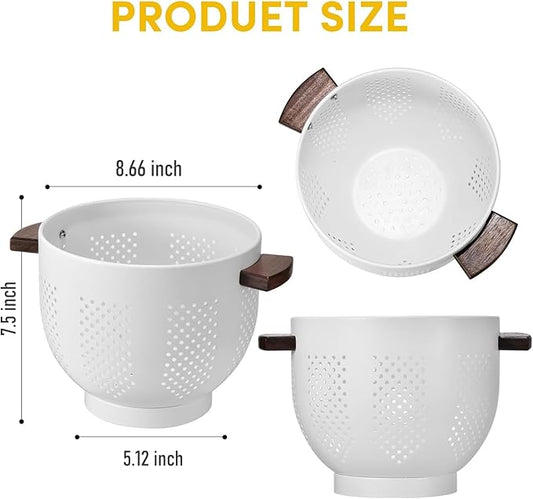 Metal Colander with Wood Handle & Self-Draining Base | 5.8QT Large Pasta Strainer for Kitchen | Scratch-Resistant Powder Coated Steel Basket for Vegetables, Fruit, Berries (White)