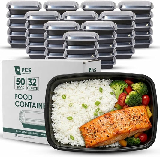32 oz 50 Pack Meal Prep Containers BPA Free Leakproof Stackable Food Storage Containers with Lids, Microwave & Dishwasher Freezer Safe Reusable To Go Containers Bento Box Style Take Out Clear Plastic