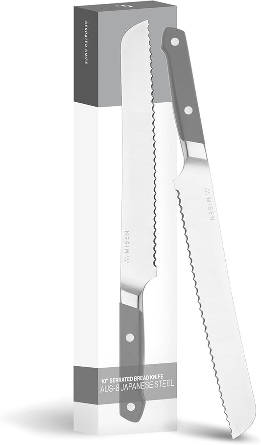 Misen Serrated Bread Knife – High-Carbon Japanese AUS8 Steel – Effortless Slicing of Bread, Pastries, and Fruits – Razor-Sharp Edge and Durable Blade with Ergonomic Handle - 10", Gray