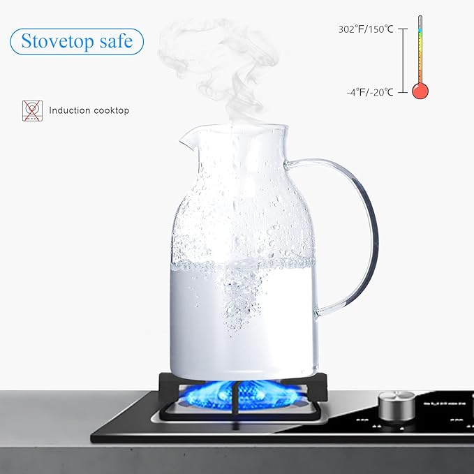 Glass Water Pitcher with Lid and Spout, 68 Ounces Heat Resistant Borosilicate Glass Carafe, Temperature Safe