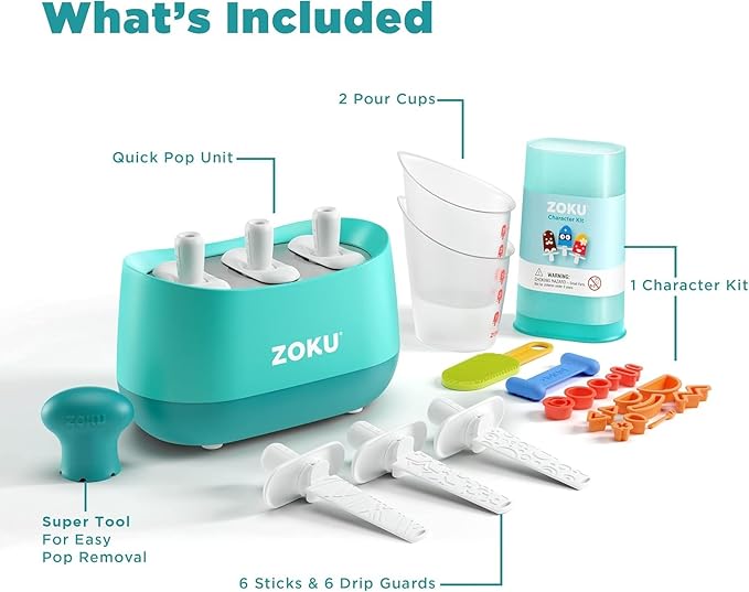 ZOKU New Triple Quick Pop Maker, Create 3 Popsicles in Minutes, Includes Super Tool, 6 Sticks and Drip Guards, 2 Pour Cups, and Character Kit, Blue