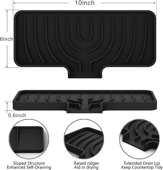 Sponge Holder for Kitchen Sink, Soap Tray for Sink & Counter, 9.8"×4.9" Soap Dish Mat, Silicone with Drain, Perfect for Dispenser, Scrubber, Bottle, Cup (Black)