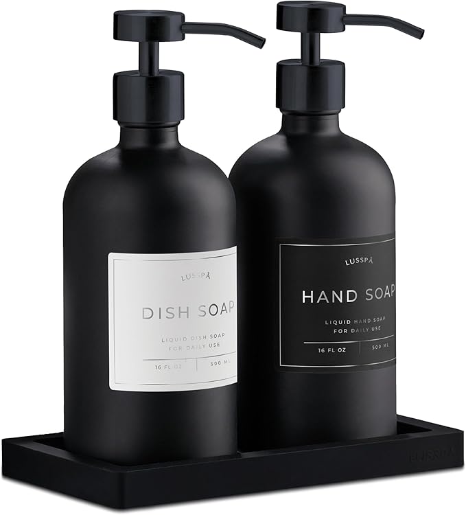 Lotion, Hand & Dish Soap Dispenser for Kitchen & Bathroom | Soap Dispenser Set of 2 16.8 Oz Glass Bottles with Stainless Steel Pump, 15 Water Proof Labels & Silicon Tray (Black)