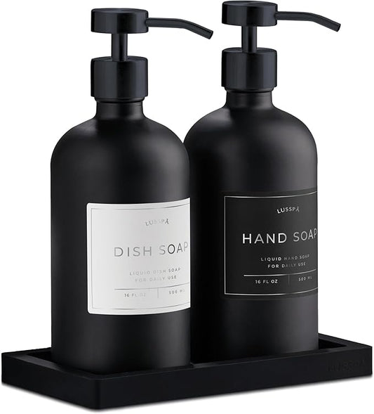 Lotion, Hand & Dish Soap Dispenser for Kitchen & Bathroom | Soap Dispenser Set of 2 16.8 Oz Glass Bottles with Stainless Steel Pump, 15 Water Proof Labels & Silicon Tray (Black)