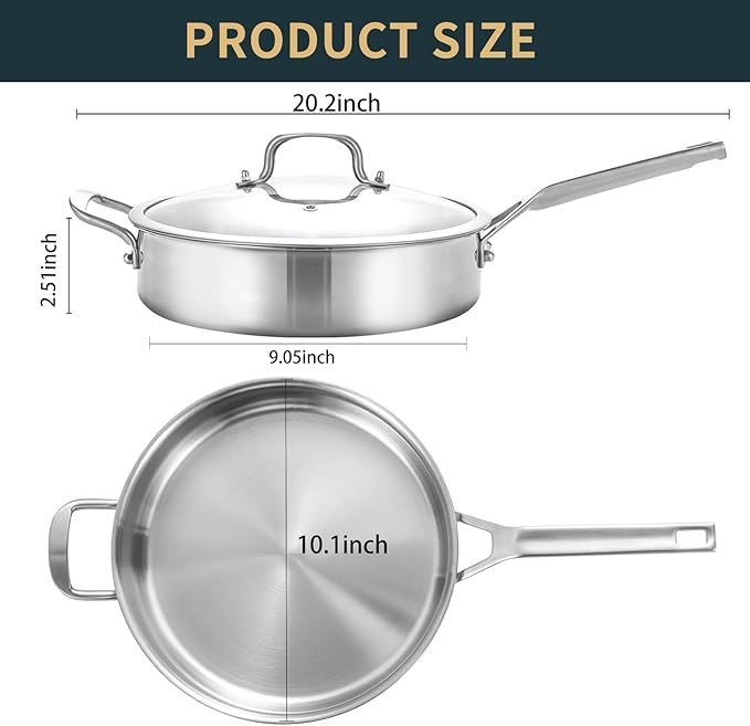 Yeksum 3-Quart Saute Pan with Lid | 10-Inch 3-Ply 18/10 Stainless Steel Deep Fry Pan & Large Skillet, Healthy Non-Toxic Cookware, Oven Safe 600°F & Dishwasher Safe