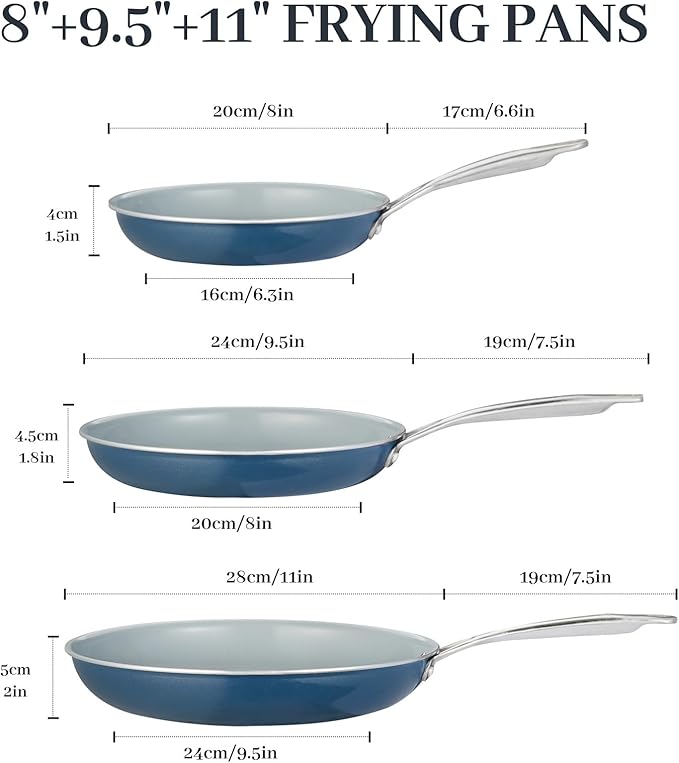 BECIGAR Ceramic Frying Pan Set with Stainless Steel Handle - Perfect Cookware Set for Steak & Non Stick Cooking - Ceramic Pans Set Non Stick Trendy Essential for Young Chefs(Blue)