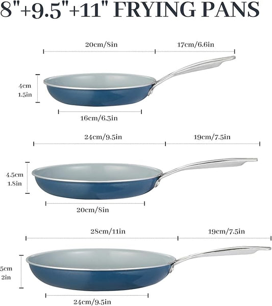 BECIGAR Ceramic Frying Pan Set with Stainless Steel Handle - Perfect Cookware Set for Steak & Non Stick Cooking - Ceramic Pans Set Non Stick Trendy Essential for Young Chefs(Blue)