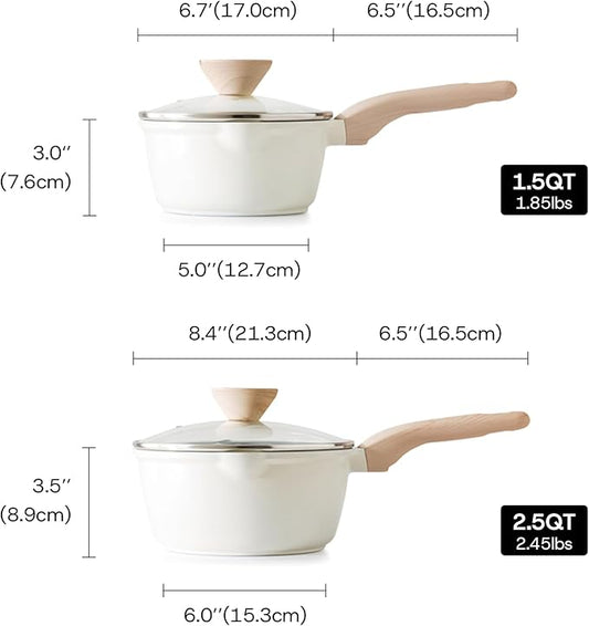 Kordisen Sauce Pan Set with Lid, 1.5Qt & 2.5 Qt Nonstick Cooking Pots with Pour Spout, Easy to Clean, Small Kitchen Induction Saucepan with Ceramic Coating, PFOA/PFOS Free (Cream)