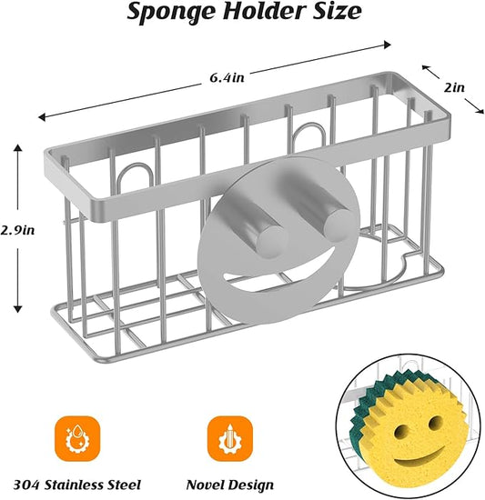 Sponge Holder Smiley Face, Kitchen Organizer with 2 Suction Cups/1 Adhesive Strips,Designed for Sponge,Soap,Dish Brush,Scrubber - Gray
