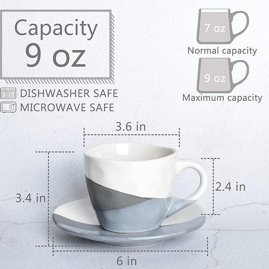 Bosmarlin Stoneware Coffee Cup Mug and Saucer Set of 2 for Latte, Cappuccino, Tea, 9 Oz, Dishwasher and Microwave Safe (Grey, 2)