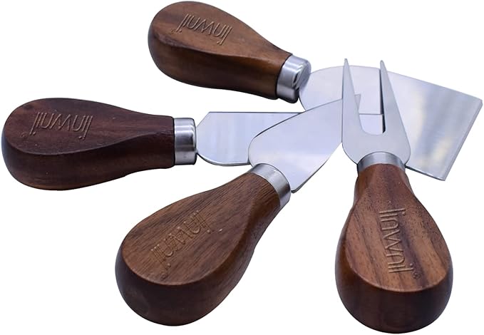 4-Piece Set of Stainless Steel Cheese Knives with Wood Hand, Including Cheese Slicer and Cheese Cutters, Essential Cheese Tools for the Kitchen (Walnut/Gift Box, Silver)