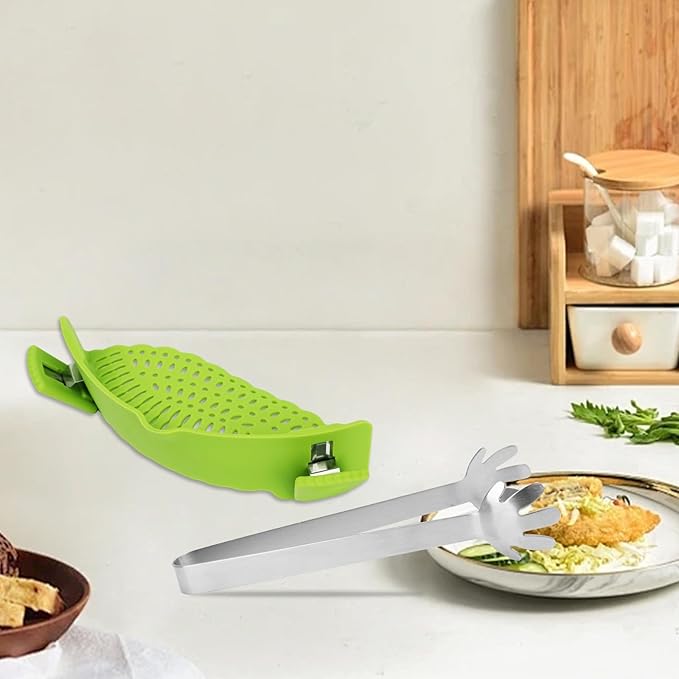 LOGJAM 1 Set Silicone Clip-on Strainer for Pots and Stainless Steel Food Tong, Heat Resistant Pasta Strainer and Tongs for Kitchen
