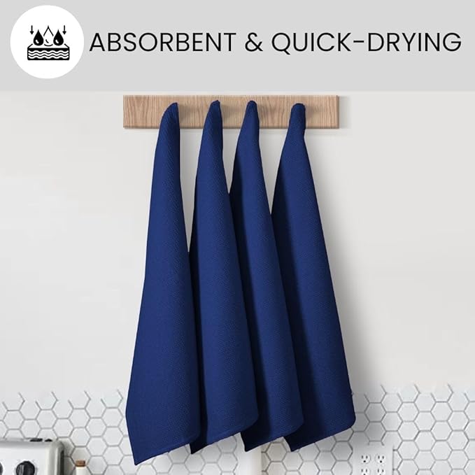 Waffle Kitchen Towels Large 16x26 inch 100% Cotton Set of 4 - Soft Absorbent Washable Tea Towel for Kitchen - Dish Cloths Quick Drying - 320 GSM Quality Dish Towel Blue