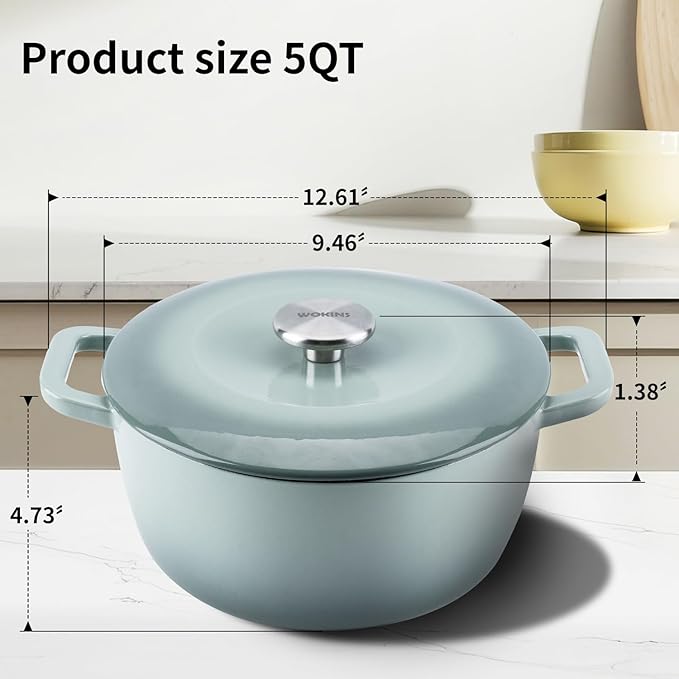 WOKINS Enamel Cast Iron Dutch Oven with Lid,Dual Handles,Heavy-Duty Cookware for Sourdough Bread Baking,Braising,Stews,Roasting,Oven Safe up to 500° F,5QT,green