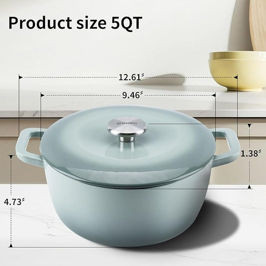 WOKINS Enamel Cast Iron Dutch Oven with Lid,Dual Handles,Heavy-Duty Cookware for Sourdough Bread Baking,Braising,Stews,Roasting,Oven Safe up to 500° F,5QT,green