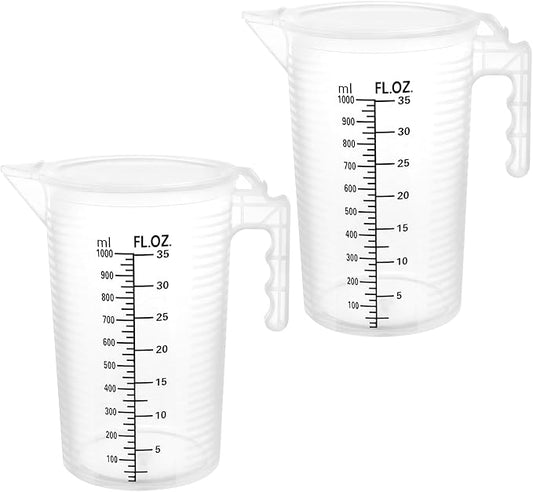 QWORK 2 Pack 32oz (1 Quart) Measuring Pitcher - Plastic, Multipurpose, Polypropylene, with Clear Ounce & Milliliter Markings, Dustproof Lid, for Cooking, Home Hobbies, Shop Oil and Fluids
