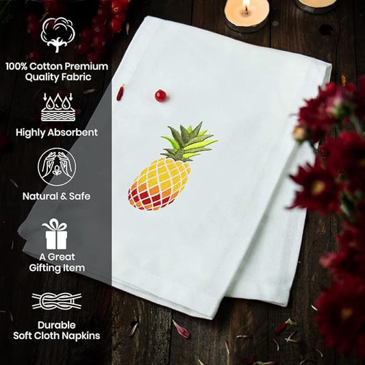 Pineapple Embroidered Cotton Dinner Napkins - 18x18 in Washable, Absorbent Reusable Napkins - Spring Easter Basket Decor - Pack of 6