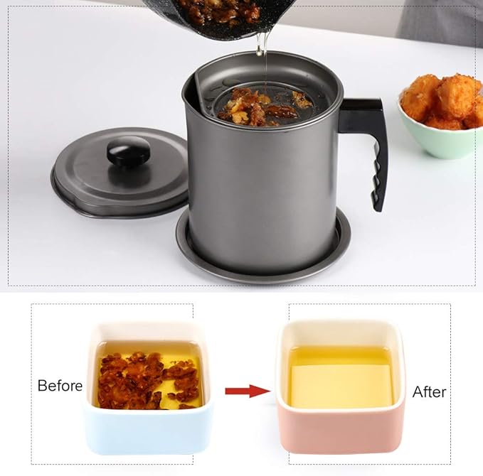 Ourokhome Bacon Grease Container with Strainer- 1.6 L or 6.7 Cup Iron Kitchen Oil Storage Can with Fine Mesh Strainer for Storing Hot Frying Oil, Fat (Gray)