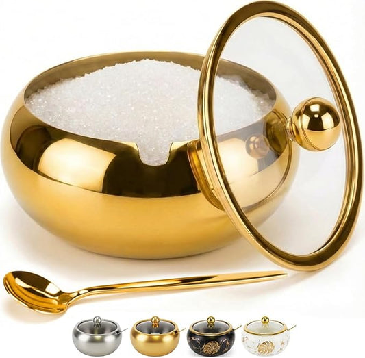 15OZ Sugar Bowl with Glass Lid and Spoon, Sugar Container of Coffee Bar Accessories, Stainless Steel Jar for Salt, Tea, Brown Sugar Cube, Dishwasher Safe, Kitchen Decor Countertop Storage, Gold