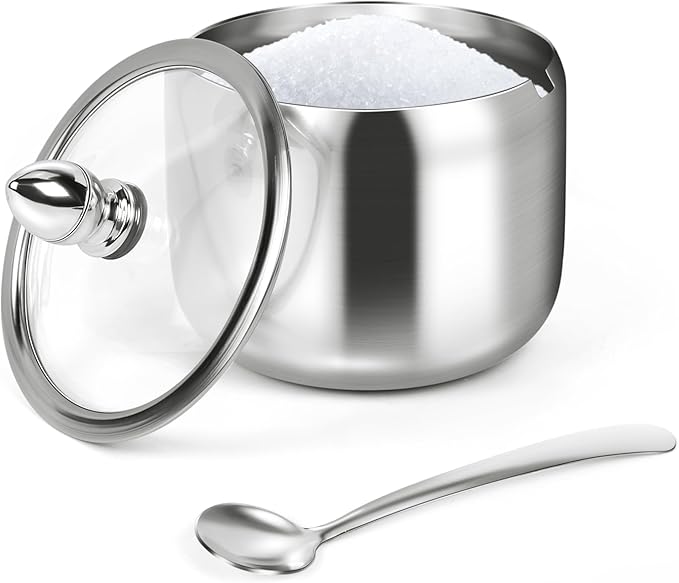 Sugar Container with Glass Lid and Spoon - 10oz Stainless Steel Sugar Bowl for Coffee Bar Station Accessories Kitchen Storage for Salt, Candy, Coffee Bean (Silver)