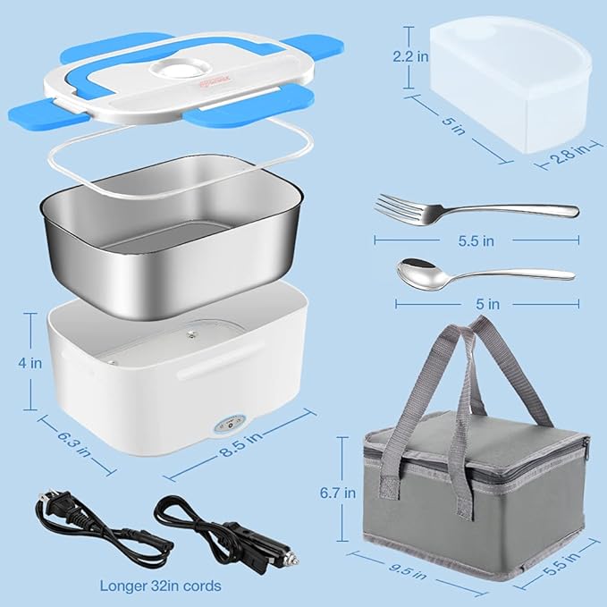 FVW Electric Lunch Box Food Warmer 2 in 1, Portable Food Heater for Car and Home - Leak proof, Lunch Heating Microwave for Truckers with Removable Stainless Steel Container 1.5 L, 110V/12V