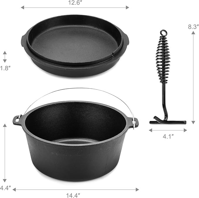 DARTMOOR 9 Quart Pre-Seasoned Cast Iron Dutch Oven with Lid and Lid Lifter Tool Outdoor Deep Camp Pot for Camping Fireplace Cooking BBQ Baking Campfire 9 QT