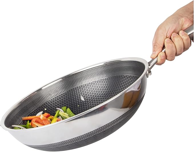 CATHYLIN 12.5" 316L Stainless Steel Honeycomb Non Stick Wok Pan Stir-fry Wok with Lid,Skillet with Stay-cool Handle PFOA Free Suitable for Induction, Ceramic, Electric, and Gas Cooktops
