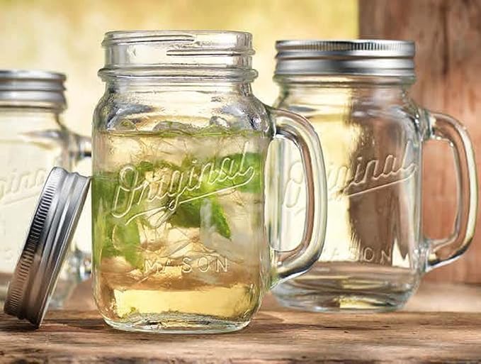Glaver's Mason Jar 16 Oz. Glass Mugs with Handle and Lid Set Of 4 - Home Essentials & Beyond - Old Fashioned Drinking Glass Bottles Original Mason Jar Pint Sized Cup Set.
