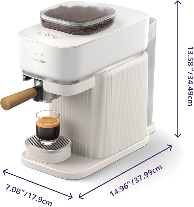 Philips Baristina Espresso Machine - Real espresso, made simple. Compact coffee machine, natural white with ash wood portafilter, 16 bar pump pressure, automatic grinder, Cafe Crema (BAR302/20)