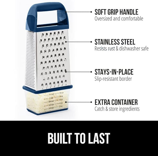 GORILLA GRIP 4-Sided Stainless Steel Cheese Grater With Container, 100% BPA-Free Box Grater, Slip Resistant Base and Handle, Grate Parmesan, Hard Cheeses, Shred Vegetables, Dishwasher Safe, Blue