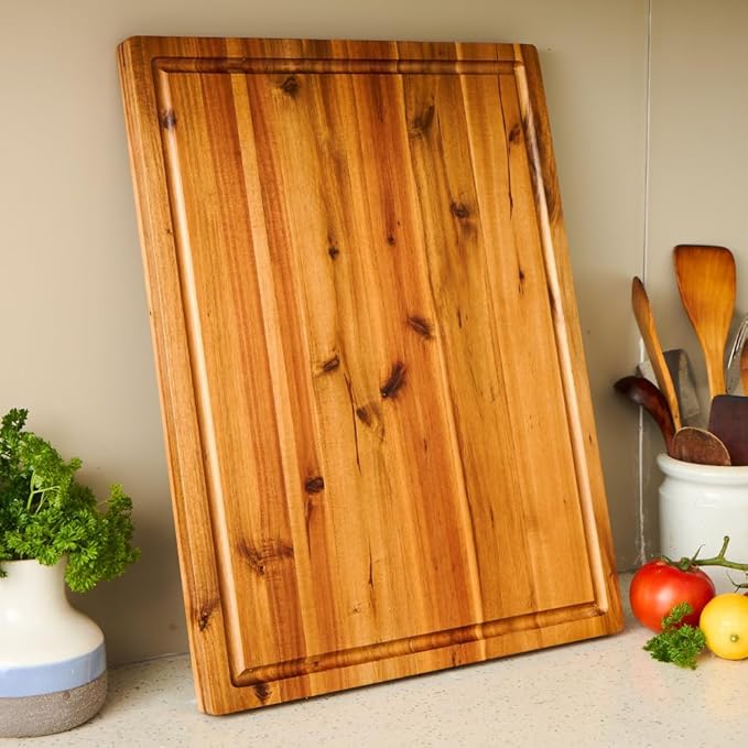 Bearchop Acacia Wood Cutting Board for Kitchen, Butcher Block with 2-Side Reinforced Bar for Crack/Warp Resistance, [17"x13"x1"] Medium Wooden Cutting Boards with Juice Groove, Handle and Gift Box