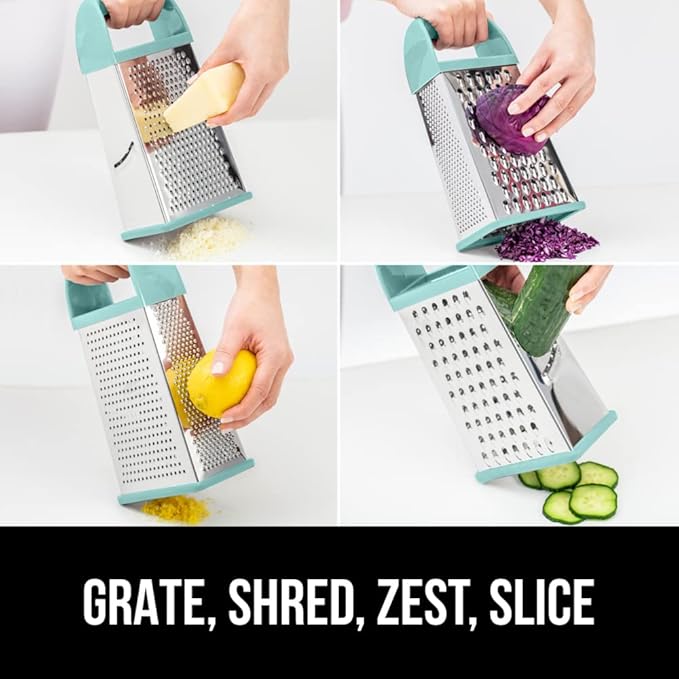 GORILLA GRIP 4-Sided Stainless Steel Cheese Grater With Container, 100% BPA-Free Box Grater, Slip Resistant Base and Handle, Grate Parmesan, Hard Cheeses, Shred Vegetables, Dishwasher Safe, Mint