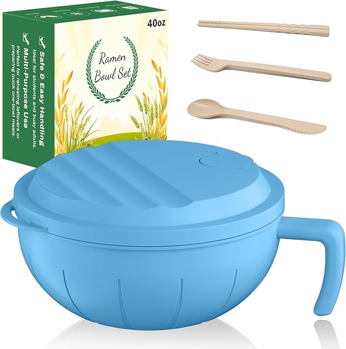 steo spce Large Ramen Bowl Set, 40 Oz Microwaveable Noodle Cooker with Leak-Proof Lids, Chopsticks, Spoon & Fork – Portable and Dishwasher Safe, Ideal for Home, Office, Dorm, or Gift Light (Blue)