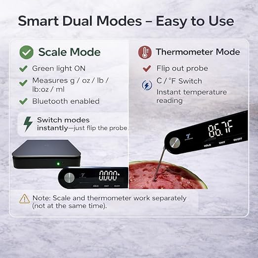 SEVEN SQUARED 72 Digital Kitchen Food Scale with Removable LED Display & Built-in Thermometer, 11lb/5kg High Precision 0.1g Stainless Steel Scale for Cooking & Baking, Tare Function, 5 Units