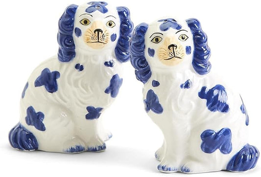 Two's Company Staffordshire Dog Salt and Pepper Shaker Set - Hand-Painted Ceramic, 3.5-Inches Height (Blue and White)