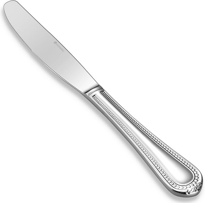 KEAWELL Pearl Edge 4-Piece Premium Dinner Knives: Stainless Steel Table Knives with a Refined Bead Design, Brightly Polished, 9.6 Inches, Dishwasher Safe. (Silver)